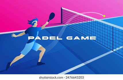 Vector banner, padel and tennis, with an image of a net, a player hitting the ball