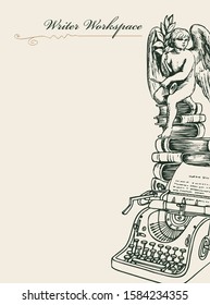 Vector banner or page on a writers theme with sketches and place for text. Writer workspace. Artistic illustration with pencil drawing of typewriter, books and angel in retro style