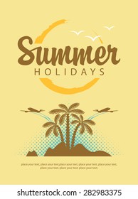 Vector banner with palm island planes and inscription summer holidays