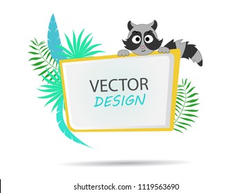 vector banner with palm leaves and a cartoon raccoon. Frame for text with a character. Cartoon frame for text. Design of banners for children. Frame design for text.