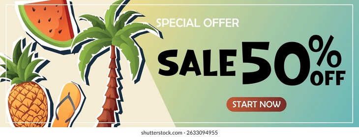 Vector banner with palm tree, pineapple and watermelon. Fifty percent off. Ideal for tropical sales, vacation ads and summer promotions.
