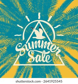 Vector banner with palm tree, seagull, summer sale lettering and triangle frame on old paper background. Poster, flyer, travel brochure, invitation or postcard in vintage style, t-shirt design. No AI