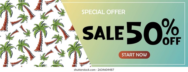 Vector banner with palm trees and a fifty percent discount. Great for summer promotions, vacation ads, tourism websites, and seasonal campaigns.
