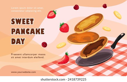 Vector banner for Pancake Day. Pancakes with syrup, melted butter and chocolate flying over the frying pan. Food illustration. Congratulation banner, card, image. svg