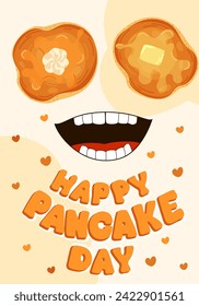 Vector banner for Pancake Day. Pancakes with melted butter and maple syrup, smile and text on a pink background. Food illustration. Congratulation banner, card, image.