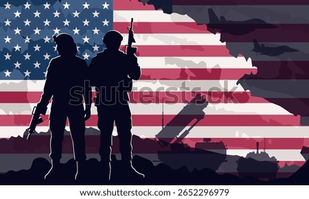 Vector banner in paper cut style with silhouettes of American soldiers with weapons and military vehicles against USA flag background. U.S. army power, geopolitics, defense, armed forces operations