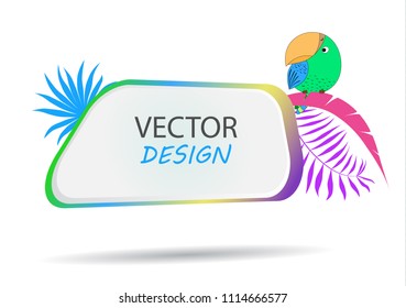 Vector banner with parrot. Frame for text with a character. Cartoon frame for text. Design of banners for children. Tropical banner. Frame for text with a cartoon animal parrot. Banner with palm leave