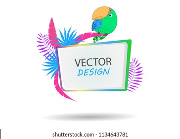 Vector banner with parrot. Frame for text with a character. Cartoon frame for text. Design of banners for children. Tropical banner. Frame for text with a cartoon animal parrot. Banner with palm leave