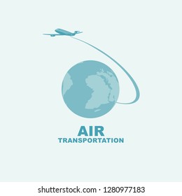 Vector banner with a passenger plane flying around the planet Earth in light blue colors. Air transportation.