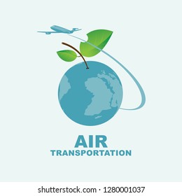 Vector banner with passenger plane and planet Earth in the form of an Apple with green leaf. Air transportation.