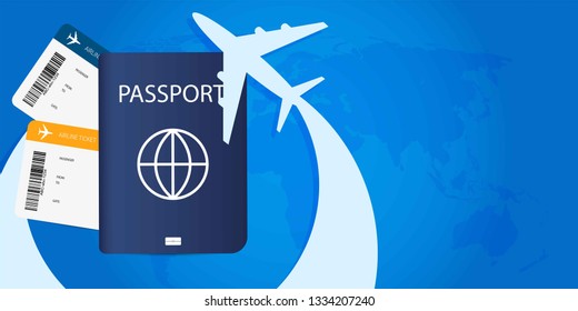 Vector banner with passport, tickets and airplane flight.Air trip template illustration