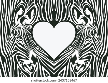 vector banner with a pattern of two zebra heads and a heart symbol on the theme of love and valentine's day