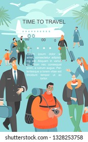 Vector banner with people at the airport. Aircraft crew and tourists in cartoon style