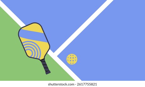 Vector banner with pickleball equipment on court, flat illustration
