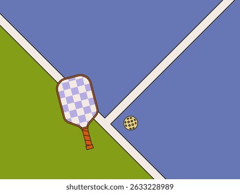 
Vector banner with pickleball equipment on court, retro line style illustration