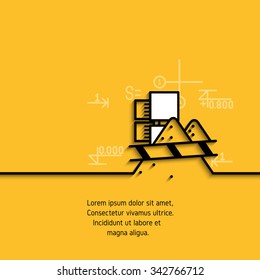 Vector banner with a picture of black flat line symbol  building yard beginning of work on yellow  background. 