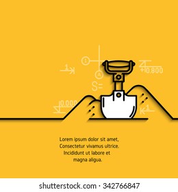 Vector banner with a picture of black flat line symbol construction equipment shovel excavation on yellow  background. 