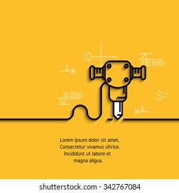 Vector banner with a picture of black flat line symbol construction equipment jackhammer for dismantling on yellow  background. 