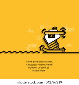 Vector banner with a picture of black flat line symbol construction equipment, rammer for soil compaction  on yellow  background. 
