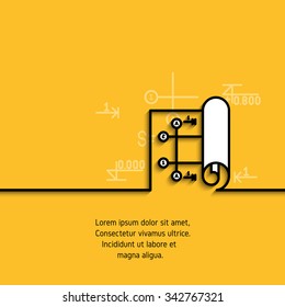Vector banner with a picture of black flat line symbol designing engineering planning  on yellow  background. 