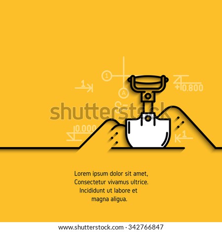 Vector banner with a picture of black flat line symbol construction equipment shovel excavation on yellow  background. 