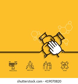 Vector banner with a picture of business peoples hands on top of each other on yellow background.