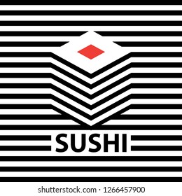 Vector banner with a picture of sushi on the striped black and white background. Sushi logo design, badge for sushi bar or seafood restaurant. Asian food