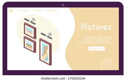 Vector banner of pictures on wall in isometric view. Paintings or photos in living room concept. Illustration of home decor for modern design interior in room. Banner template design, landing page