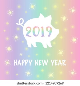 Vector banner with Pig and Happy New Year text on pastel gradient background. Trendy color illustration  useful for invitations, scrapbook, Christmas card, poster, sticker. Zodiac symbol of 2019 Year
