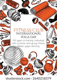 Vector banner with pilates equipment. Template of sports club with fitness tools. Set for training. Dumbbells, fitness mat, elastic bands, balls, ring, roller, expander. Goods for activities