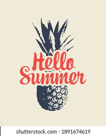 Vector banner with a pineapple and a red inscription Hello Summer on a light background in retro style. Suitable for summer poster, flyer, invitation, card, t-shirt design