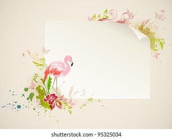 Vector banner with pink flamingo and flowers
