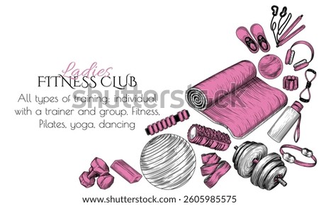 Vector banner pink pilates equipment. Template of women's sports club with fitness tools in engraving style. Set for training. Dumbbells, fitness mat, elastic bands, balls, ring, roller, expander