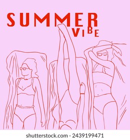 Vector banner, pink poster design, summer illustration, pink silhouette of a girl on the beach, summer vibes illustration 