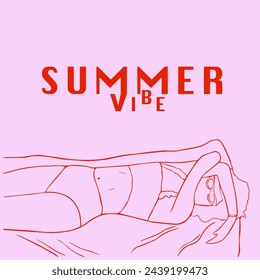 Vector banner, pink poster design, summer illustration, pink silhouette of a girl on the beach, summer vibes illustration 