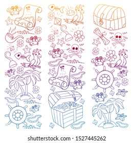 Vector banner with pirate elements for birthday party for little children. Kids pattern with octopus, beach, treasure chest, ship