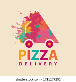 Vector banner for a pizzeria on the theme of pizza delivery. Creative illustration with an inscription and an abstract image of a pizza slice on wheels in the form of a car