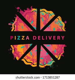 Vector banner for a pizzeria on the theme of pizza delivery. Creative illustration with an inscription and a bright abstract image of sliced pizza on a black background