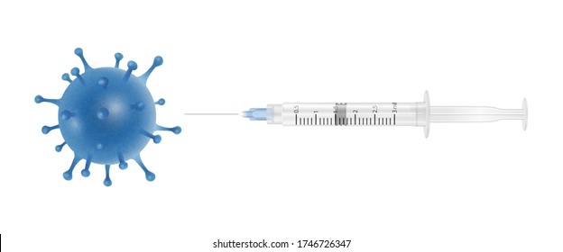 Vector Banner, Placard with 3d Realistic Bacteria, Cell and Syringe Isolated on White Background. Coronavirus , 2019-nCoV, Covid-2019, Covid-19, Epidemic, Pandemic. Infection and Dangerous Concept