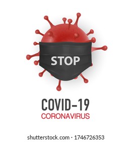 Vector Banner, Placard with 3d Realistic Coronavirus Bacteria, Cell and Face Medical Protect Mask Closeup Isolated on White Background. 2019-nCoV, Covid-2019, Covid-19. Infection and Dangerous Concept