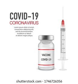 Vector Banner or Placard with 3d Realistic Bottle and Syringe. COVID-19 Coronavirus Vaccine. Closeup Isolated on White Background. Drug Ampoule Design Template, Clipart, Mockup. Vaccination concept