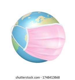 Cartel del vector, Placard. 3d Globe realista, Planeta de la Tierra y Enfrentar el cierre de máscara de protección médica aislado en fondo blanco. Coronavirus, 2019-nCoV, Covid-2019, Covid-19. Infección, concepto peligroso