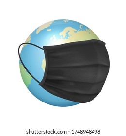 Vector Banner, Placard. 3d Realistic Globe, Earth Planet and Face Medical Protect Mask Closeup Isolated on White Background. Coronavirus, 2019-nCoV, Covid-19. Infection, Dangerous Concept