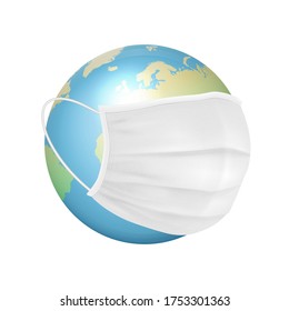 Vector Banner, Placard. 3d Realistic Globe, Earth Planet and Face Medical Protect Mask Closeup Isolated on White Background. Coronavirus, 2019-nCoV, Covid-19. Infection, Dangerous Concept