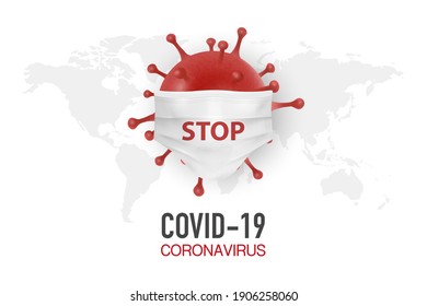Banner vectorial, Placard con 3d bacterias de coronavirus realistas, Máscara celular y médica en fondo blanco. Vacuna, 2019-nCoV, Covid-2019, Covid-19. Infección, Concepto Peligroso. Plantilla de diseño