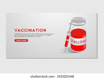 Vector Banner or Placard with 3d Realistic Bottle and Syringe. COVID-19 Coronavirus Vaccine. Closeup Isolated on White Background. Drug Ampoule Design Template, Clipart, Mockup. Vaccination concept.