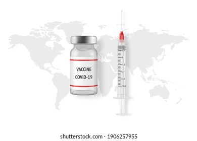 Vector Banner, Placard with 3d Syringe and Ampoule. Coronavirus Vaccine, 2019-nCoV, Covid-2019, Covid-19, Epidemic, Pandemic. Infection and Dangerous, Mass Vaccination Concept