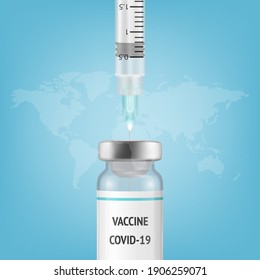 Vektorbanner, Platard mit 3D-Spritze, Ampoule auf World Map Hintergrund. Coronavirus Vaccine, 2019-nCoV, Covid-2019, Covid-19, Epidemie, Pandemie. Infektion und gefährliche Massenimpfung