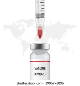 Pancarta vectorial, Placard con jeringa 3d, Ampolla sobre el fondo del mapa mundial. Vacuna contra el Coronavirus, 2019-nCoV, Covid-2019, Covid-19, Epidemia, Pandemia. Infección y concepto peligroso de vacunación masiva