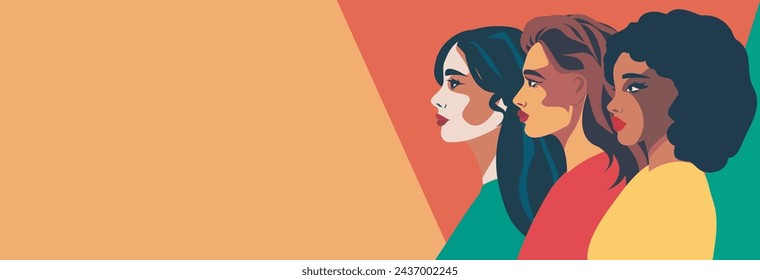 Vector banner with place for text. Beautiful women of different beauty. Concept of woman, femininity, feminism, independence and equality. Women empowerment concept